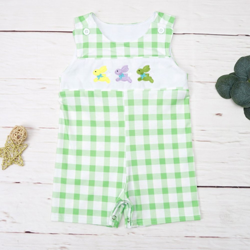 Boutique Easter Bunny Baby Boys Green Gingham Romper Shortalls Jumpsuit
